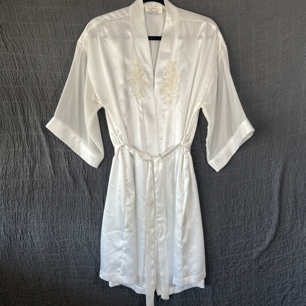 Vintage New Dentelle Lace Beaded Embellished Satin Kimono Robe Belt White Sz.S